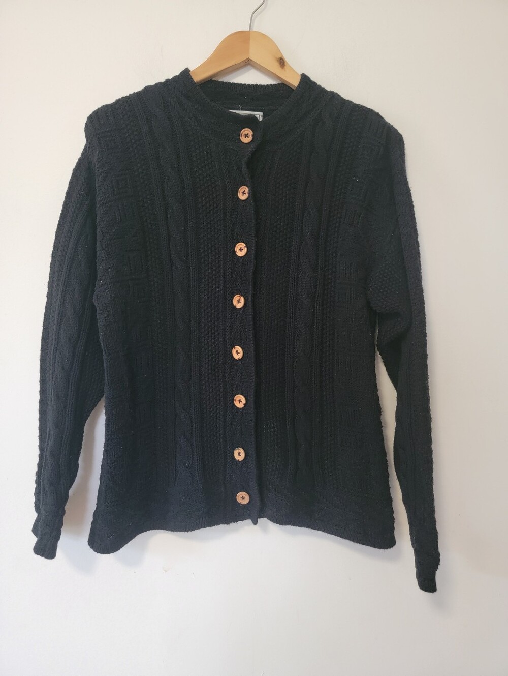 L.L. Bean Black Cable-Knit Button Cardigan with Wooden Buttons
